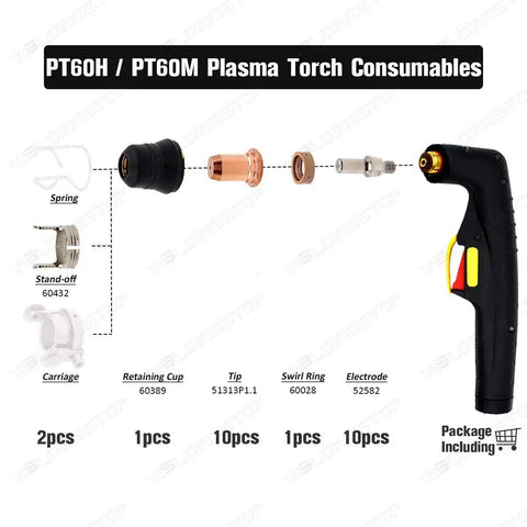 Electrode Tip Standoff For 62204 Plasma Cutter Torch Kit Pack Of 24 Replacement Consumables exploded view with torch and parts