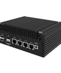 Zero Fuss Silent Fanless Firewall Mini PC with multiple Ethernet ports and USB connections on a sleek black chassis.
