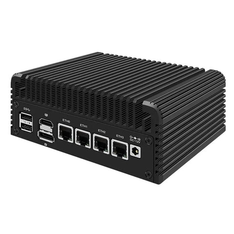 Zero Fuss Silent Fanless Firewall Mini PC with multiple Ethernet ports and USB connections on a sleek black chassis.