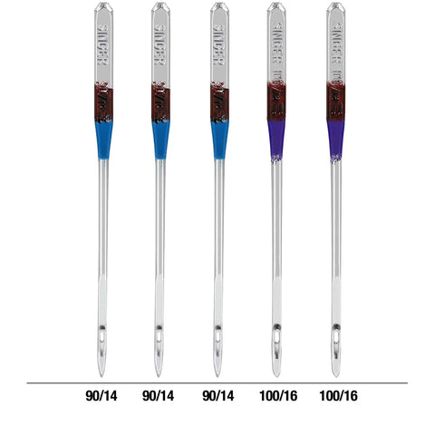 Leather Sewing Machine Needles Set of 5 Pack for Thick Leather and Heavy Fabrics 3 x 90/14 and 2 x 100/16 with Wedge Shape Point Penetrates Leather Suede Vinyl Without Tearing, five needles labeled by size