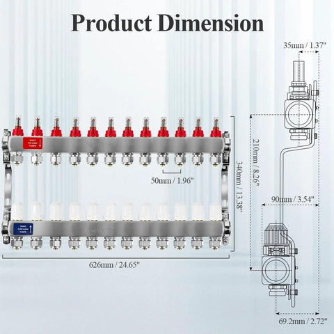 Diagram of AB 12 Loop PEX Radiant Manifold For Hydronic Floor Heating With Half Inch Outlets And Up To 1.3 GPM Flow Valve, dimensions shown.