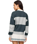 Women's Study Break Polo Sweatshirt In Feather Gray, 100 Percent Cotton With Yarn Dyed Stripe, Collared Polo Neck, Long Sleeves, Cozy Yet Polished Layer For Everyday Comfort And Effortless Style, back view