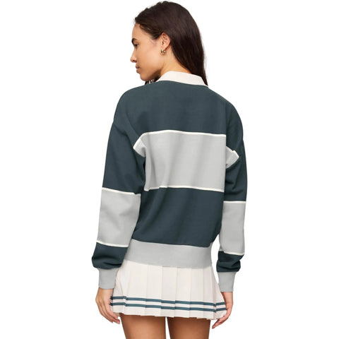 Women's Study Break Polo Sweatshirt In Feather Gray, 100 Percent Cotton With Yarn Dyed Stripe, Collared Polo Neck, Long Sleeves, Cozy Yet Polished Layer For Everyday Comfort And Effortless Style, back view