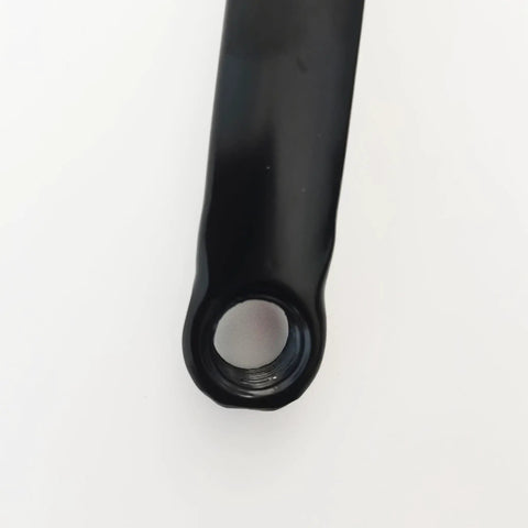 Close-up of black 165mm crank arm for single speed crankset, square taper end for mountain and road bikes and fixed gear folding bicycles.