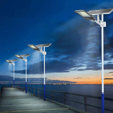 Heavy Duty Solar Security Lights Outdoor With Motion Sensor Floodlight IP65 Waterproof Adjustable head installed on walkway at dusk.