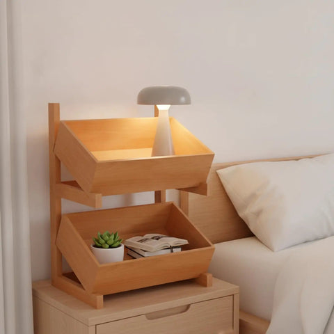 Two Tier Wooden Storage Shelf With Tilted Open Trays Walnut Finish Floor Standing Organizer Rack Minimalist Design with succulents and books.