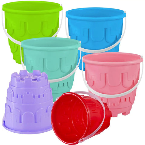 Six Pack 7 Inch Beach Sand Buckets And Shovels Set with colorful castle molds, displaying six vibrant buckets