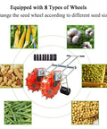 Two Row Hand Push Seeder For Garden Use No Fuss Dual Row Seeding Machine Planter with eight seed plates visible