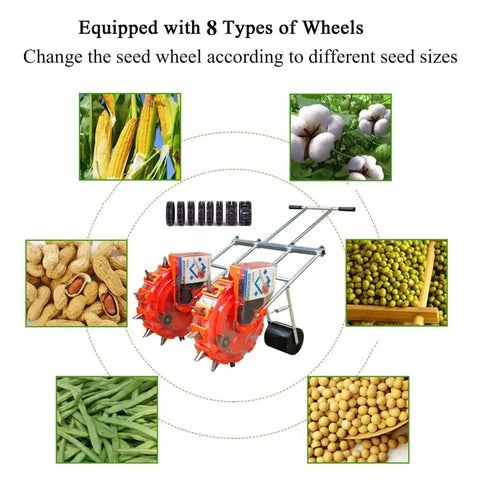 Two Row Hand Push Seeder For Garden Use No Fuss Dual Row Seeding Machine Planter with eight seed plates visible