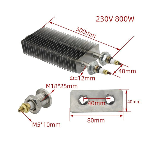 Heavy Duty 1500W Finned Heating Element 230V Square 40X80Mm Stainless Steel Hot Air Heater with dimensions and mounting plate.
