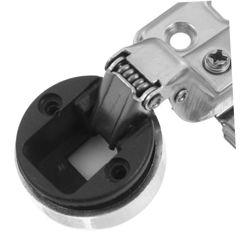 Close-up of metal soft close cabinet hinge for frameless kitchen doors with hydraulic damping for full overlay use by ABOOFAN.