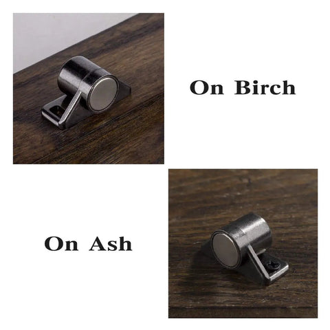 8 Pack Magnetic Cabinet Door Catch with Neodymium Magnet Cabinet Latch Magnetic Closure Hardware on birch and ash samples