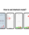 Four iPhone screenshots showing interlock mode setup in Tuya smart WiFi relay app for a 2-channel switch