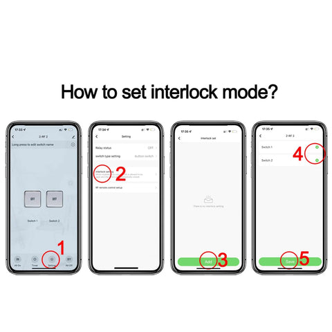 WiFi smart actuator setup guide on four iPhone screens showing interlock mode steps with Add/Save buttons.