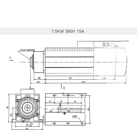 Technical drawing of Heavy Duty 4.5kw And 7.5kw Air Cooled Spindle Motor With Auto Tool Change Rack 380V Iso30 Taper dimensions.