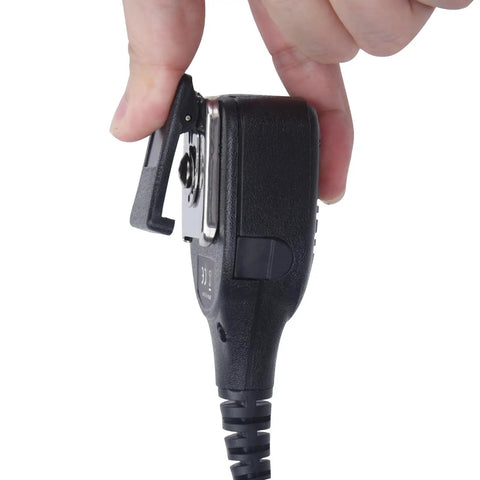 Side view of Hands Free Two Way Pro Grade Radio Shoulder Microphone For Hytera Walkie Talkie With IP54 Water Resistant Clip On Mic