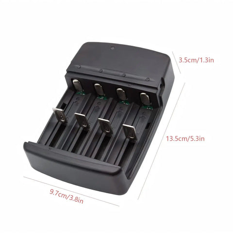 USB Universal Smart Battery Charger For 3.2V LiFePO4 Batteries With NiZn Compatibility, shown in black with four slots.