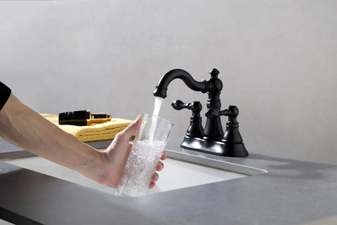 Two Handle Matte Black Bathroom Faucet With Pop Up Drain For 3 Hole 4 Inch Centerset Sinks, 360 Degree Swivel Spout, Lead Free