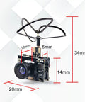Micro FPV AIO 600TVL Camera With 5.8GHz Transmitter And Cloverleaf Antenna For Tiny Drones, shown with dimensions 34mm x 20mm.