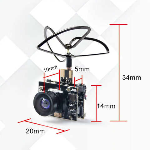 Micro FPV AIO 600TVL Camera With 5.8GHz Transmitter And Cloverleaf Antenna For Tiny Drones, shown with dimensions 34mm x 20mm.