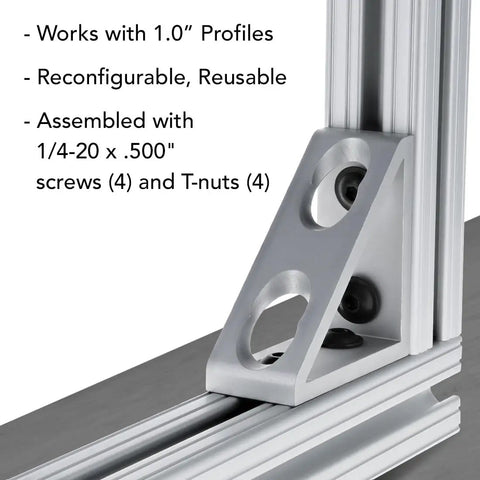 Heavy Duty 90 Degree Aluminum Corner Gusset L Bracket for 80 By 20 Extrusion installed with screws and T-nuts