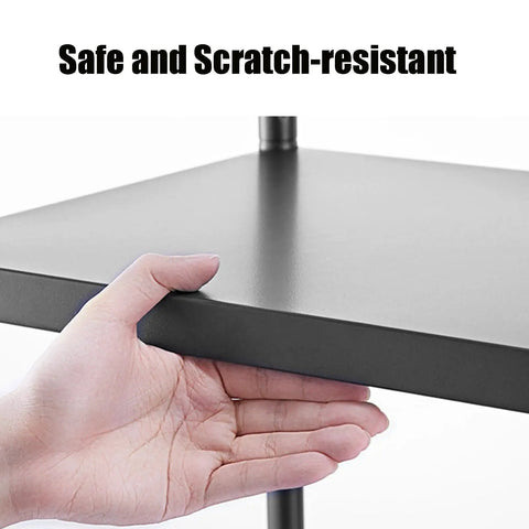 Close-up of hand touching shelf corner on Five-Tier Metal Microwave Storage Rack On Wheels With Side Guardrails, Industrial Style