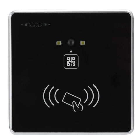 Front view of black 2D QR Access Control Card Reader And Barcode Scanner For Wiegand RS232 RS485 TTL with icon display