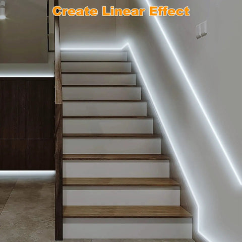 16.4 Ft Smart LED Strip Light with App and Remote illuminating a staircase with 6500K cool white light for indoor use