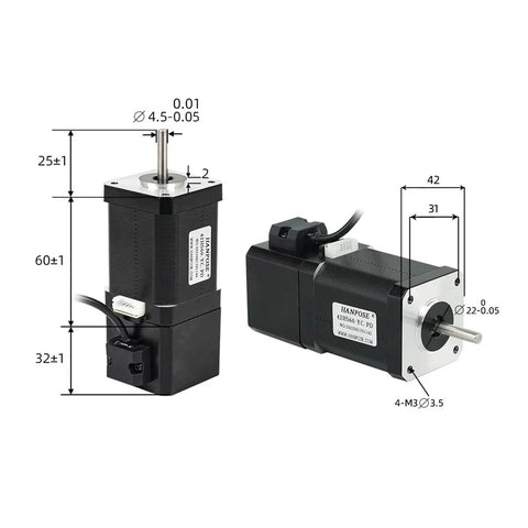 Two black NEMA 17 brake stepper motors, 60mm body, 70 Ncm torque, 2-phase 4-lead, 42HS60-YC-PD.