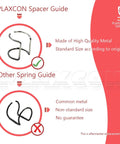 Comparison of PLAXCON spacer guide versus a common spring guide with description of material and quality features.