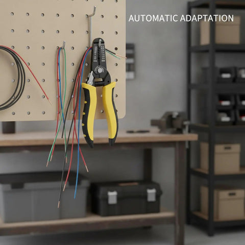 Automatic Self Adjusting Wire Stripper and Cutter Tool 7 Inch Chrome Vanadium shown hanging with wires on pegboard