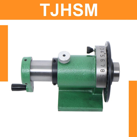 Precision Spin Indexing Fixture With 5C Collet Lathe Mount, green metal construction with adjustable locking handle.