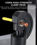 Mini Hydraulic Crimping Pliers With Digital Display Rechargeable Electric Cable Lug Crimper Cordless Hand Tool close-up of 120kN clamp head.
