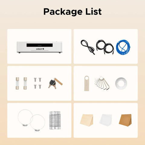 Package list for 55W Desktop CO2 Laser Engraver includes tools, cables, and materials for wood acrylic leather cutting.