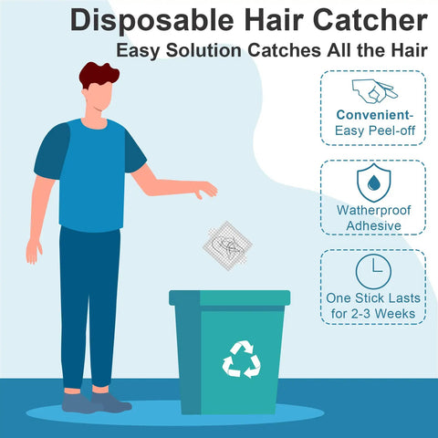 Illustration of a man using a Disposable Shower Drain Hair Catcher, showing adhesive features and disposal options.