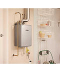 Mad Fast Instant Hot Water Flow Beige Natural Gas Tankless Water Heater mounted on wall in garage with storage racks.