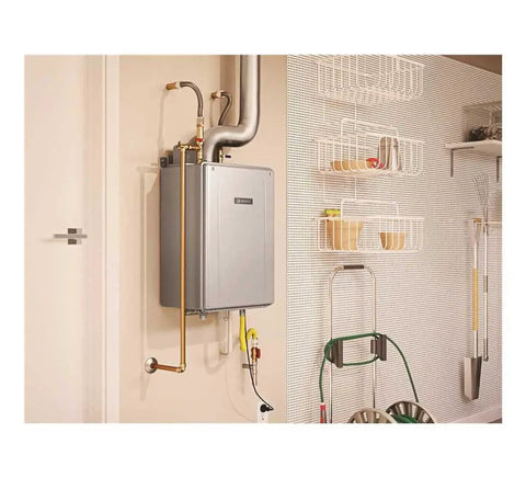 Mad Fast Instant Hot Water Flow Beige Natural Gas Tankless Water Heater mounted on wall in garage with storage racks.