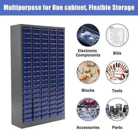 100 Drawer Parts Cabinet With ABS Drawers, Tool And Hardware Organizer Cabinet with labeled drawers, grey steel frame