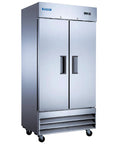 Top Shelf Commercial Double Door Freezer With No Sweat Auto Defrost And Simple Digital Temp Control Built Tough For Busy Restaurants, stainless steel with six shelves.