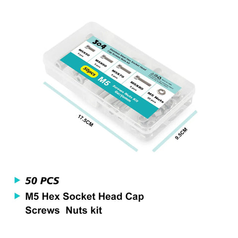 Built Tough 50 Piece M5 Screw Kit featuring 304 Stainless Steel, featuring a clear case with hex socket head cap screws and nuts.