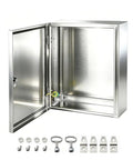 Heavy Duty Solid 304 Stainless Steel Electrical Enclosure Box 12x10x6 Inches opened with mounting hardware visible.