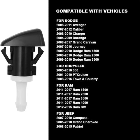 Two Piece Windshield Washer Nozzles Kit Replacement For Front Windshield Spray Heads Easy Install Plug And Play Fits Many Dodge And Jeep Models Including Charger Journey Compass OEM 4805742AB White Durable next to compatibility list