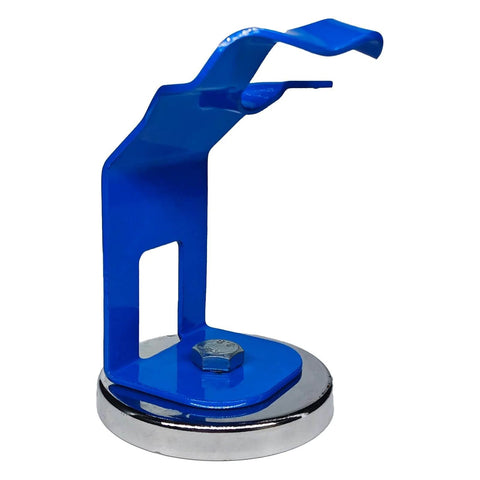 Magnetic MIG Welding Torch Holder with ultra strong base, blue metal clamp for secure storage and quick access, fits most MIG guns.