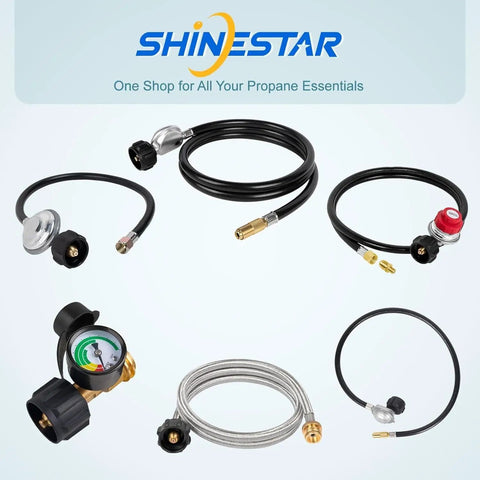 Assortment of propane regulator hoses with 3/8 inch female flare replacements for grills, griddles, heaters, and fire pits.