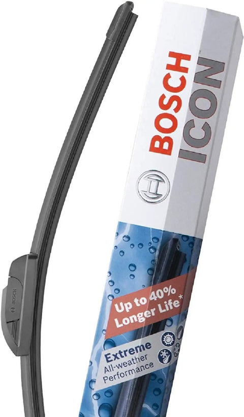 Icon Beam Wiper Blades Set Of Two For Driver And Passenger Side with packaging showcasing Bosch branding and performance features.
