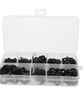 Plastic Flat Washer Kit For Screws And Bolts, Shock Absorption And High Temperature Insulation, Black Sealing Spacers For Electrical Outlets, Multi Size Assortment For DIY Projects And Home Improvement in clear storage case