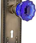 Meadows Plate With Keyhole Double Dummy Crystal Cobalt Glass Door Knob Set In Antique Brass, Solid Forged, Beaded Design
