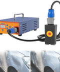 Pro Grade Paintless Dent Repair Kit For Auto Body, 1380W Portable Suitcase Magnetic Induction Dent Removal Tool next to car before and after dent removal images.