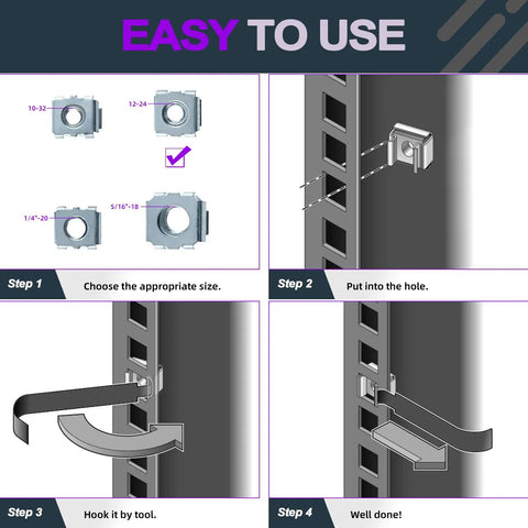 Diagram showing steps to use Top Tier Zinc Plated Carbon Steel Square Cage Nuts Assortment for server racks.