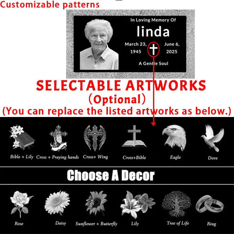 Weatherproof Custom Memorial Plaques In Black Granite With Marble Base, customizable patterns, and selectable artworks.